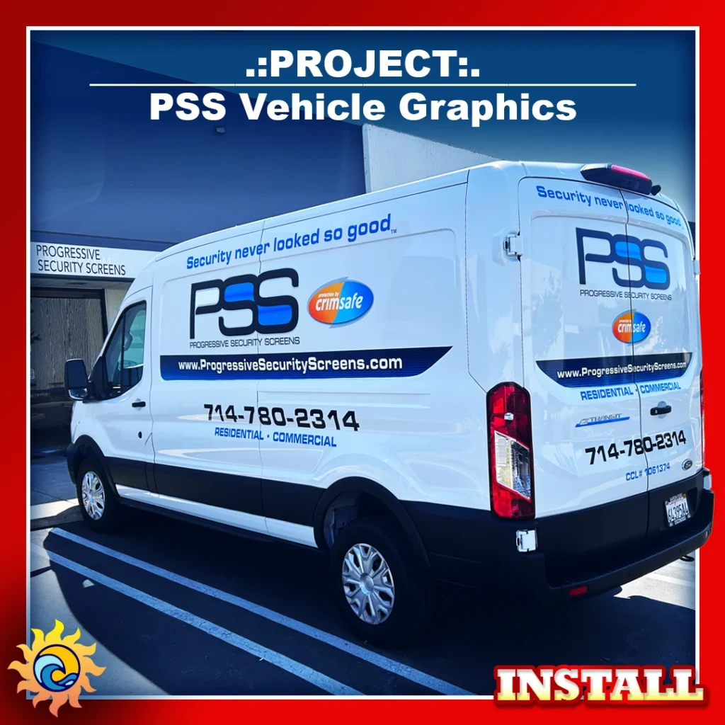 side profile of a work van wrapped with commercial decals and company branding